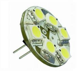 BULB G4 B/P 6LED 10-30VDC WW - These high quality LED replacement bulbs save power. Same light output as approximately a 5W halogen bulb. Using the latest SMD5050 chips they provide the highest light to consumption ratio available today. LEDs are arranged 6 on one side. Specification: 1.5 Watts, 10 - 30V DC, Equivalent halogen - 5 Watts, 97 Lumens (Warm White).